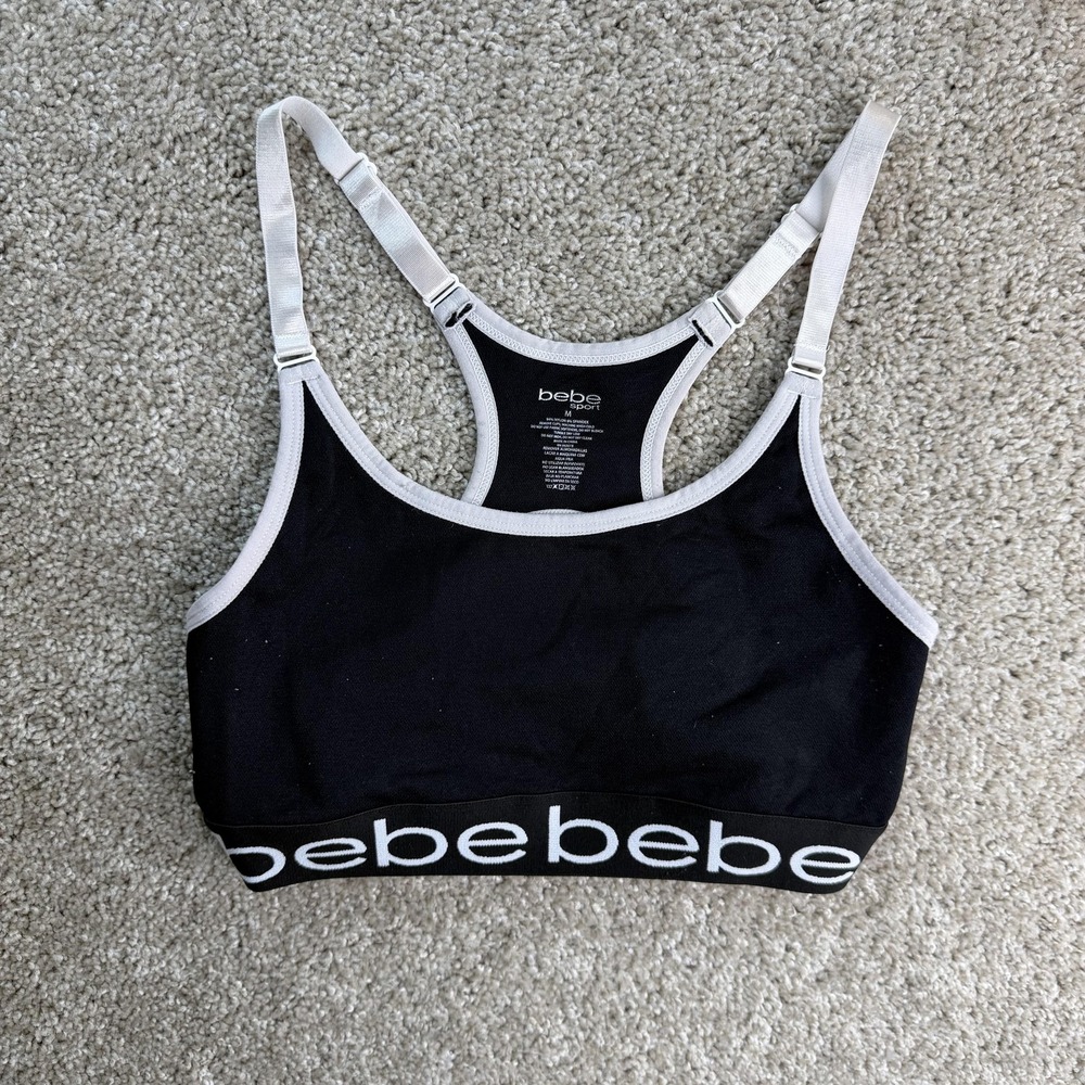 Bebe Sport Sports Bra Womens Medium Black Adjustable Racerback Logo Band Top